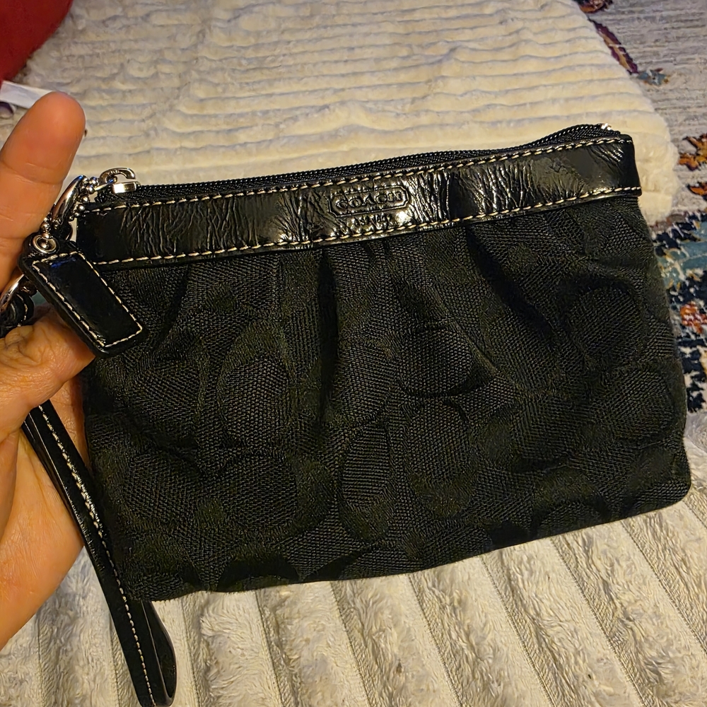 Coach Black Signature Wristlet Clutch with Leather Trim